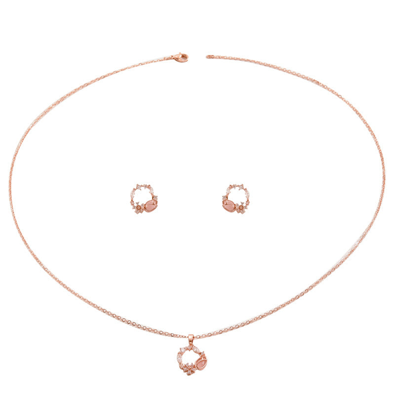 Korean SoftSweet Jewelry Set, Minimal Cubic Zirconia Inlaid Stud Earrings & Niche Design Clavicle Necklace For Women