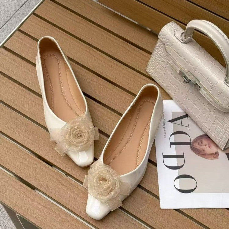 2026 Summer French Style Patent Leather Flats Women, Square Toe Shallow Shoes With 3D Mesh Rose, Slip-on Elegant Daily Ballet Shoes