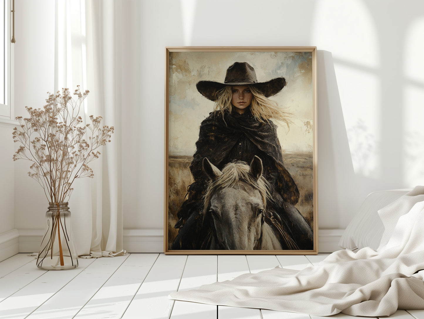 Reiter in Schwarz auf weißem Pferd