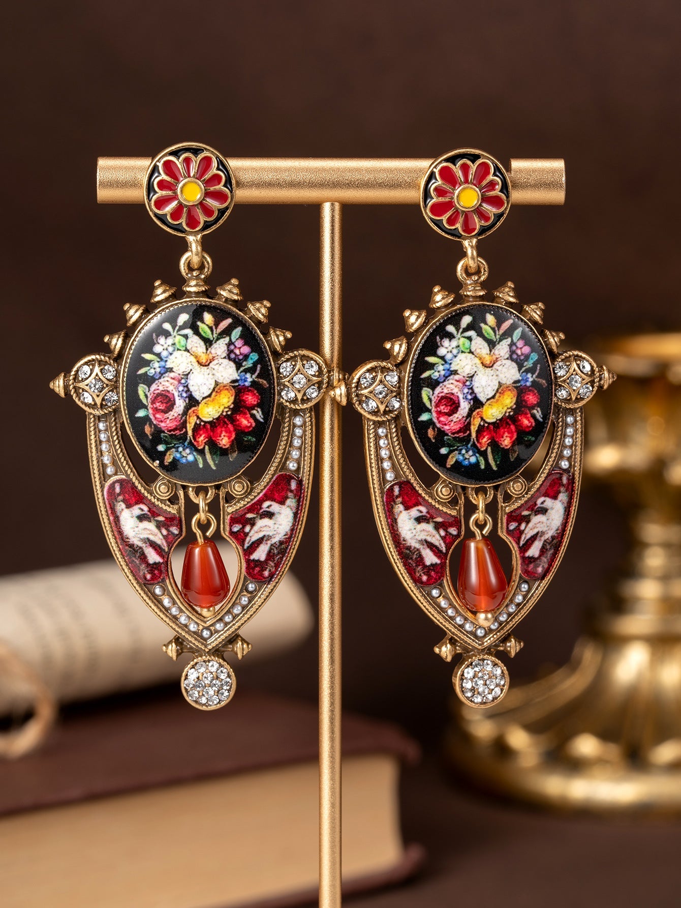 Floral Mural Shield Stud Earrings Regal And Elegant