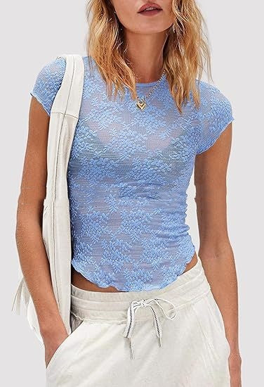 Womens Short-Sleeve Mesh See-Through Lace Top
