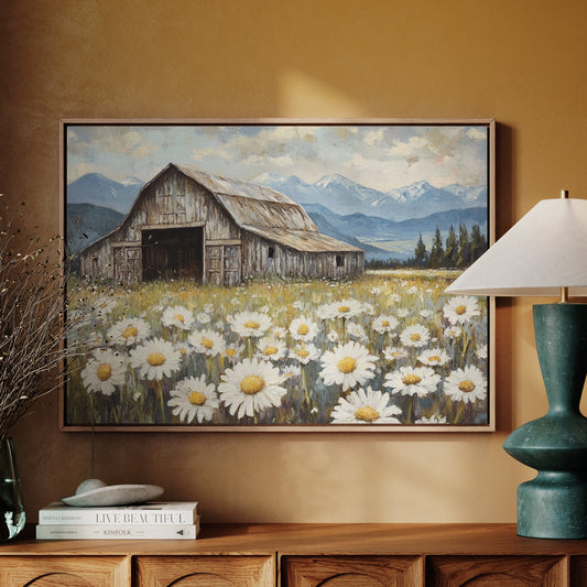 Décoration murale rustique grange – Impression pré de fleurs sauvages, Décoration de ferme campagnarde, Peinture de paysage vintage