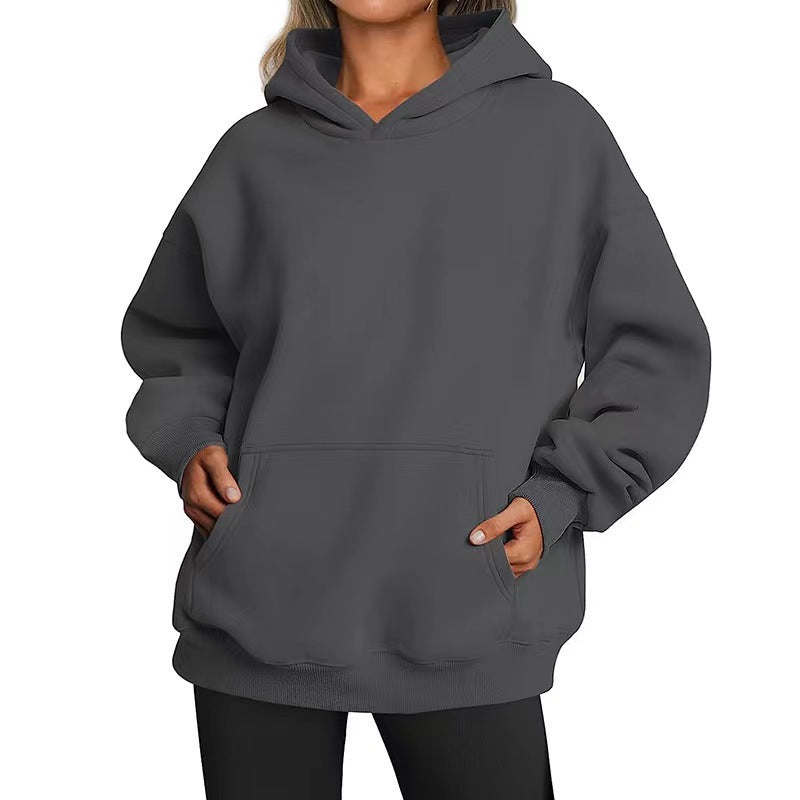 Women's Solid-color Long-sleeved Loose-fitting Hooded Sweatshirt With Pocket