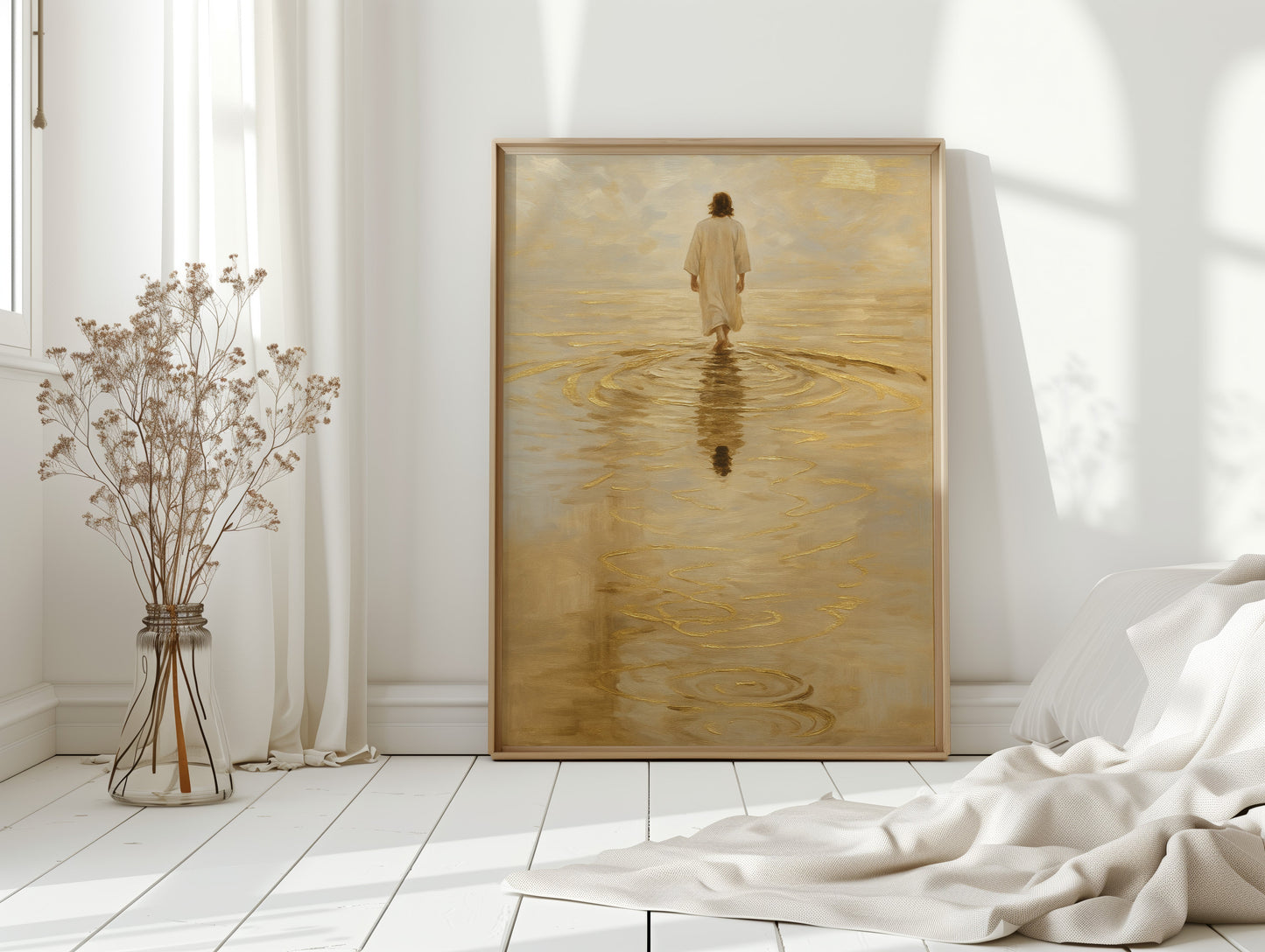 Goldenes Licht Jesus geht auf dem Wasser
