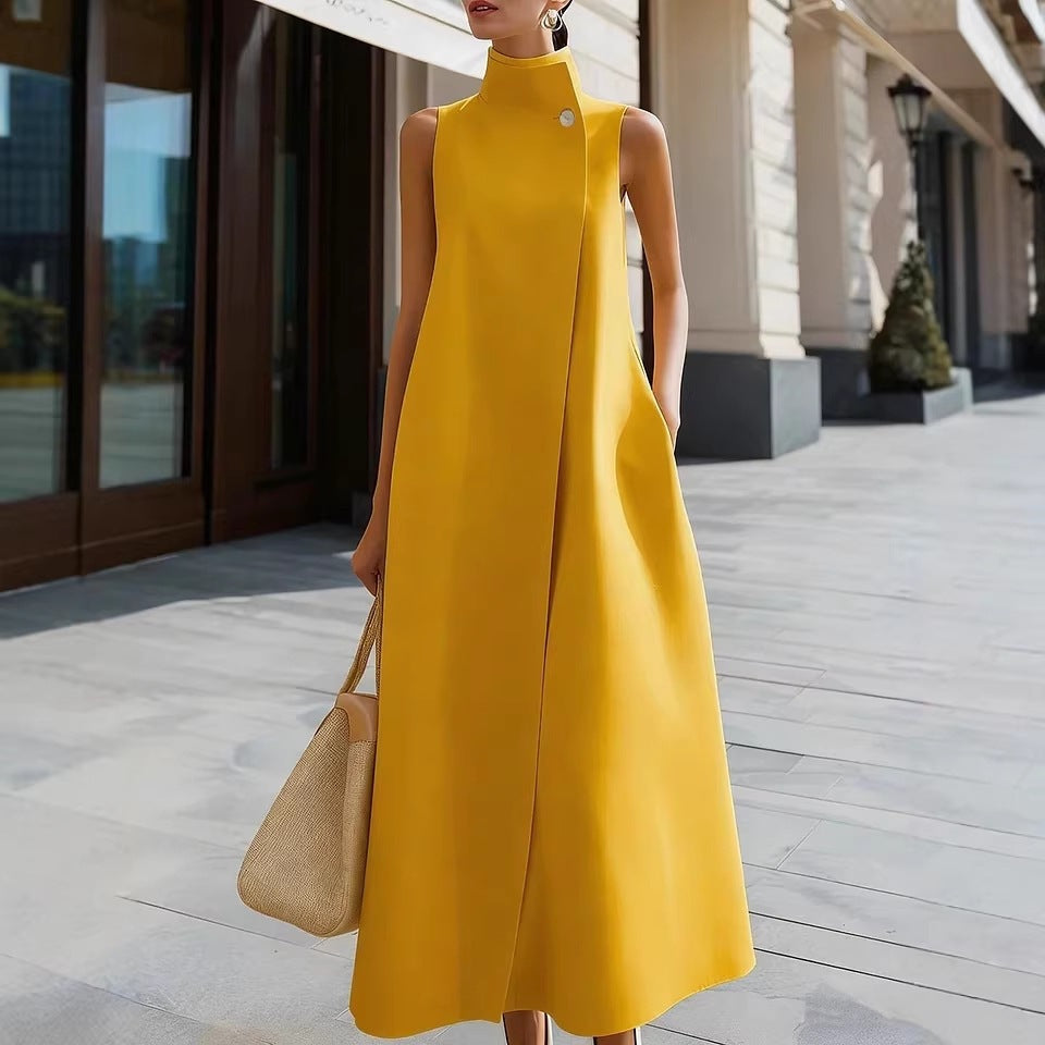 Elegant Sleeveless Long Dress – Stand Collar Office & Casual Dress