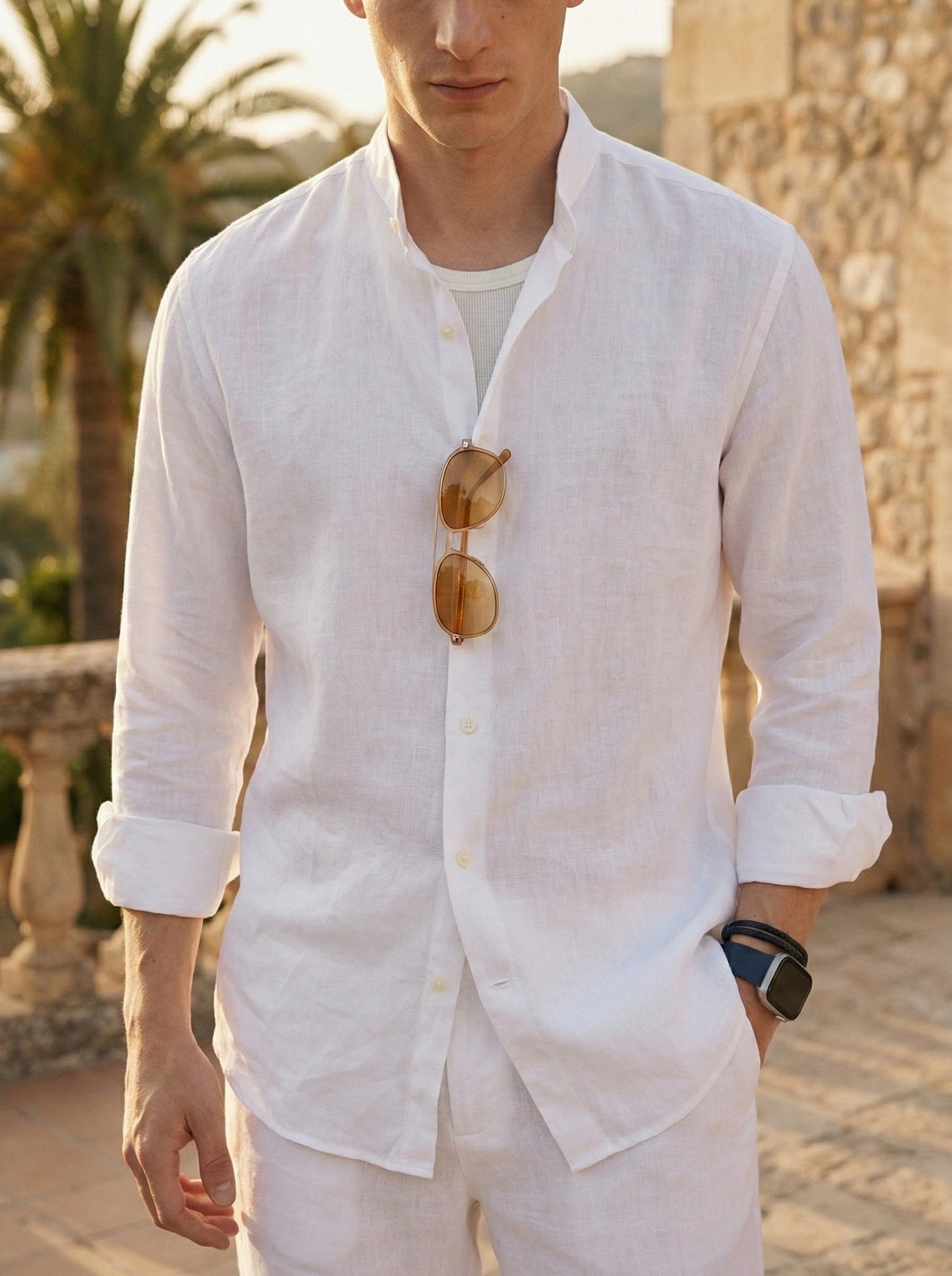 Mens Solid Color Loose Fit Casual Linen Shirt Top