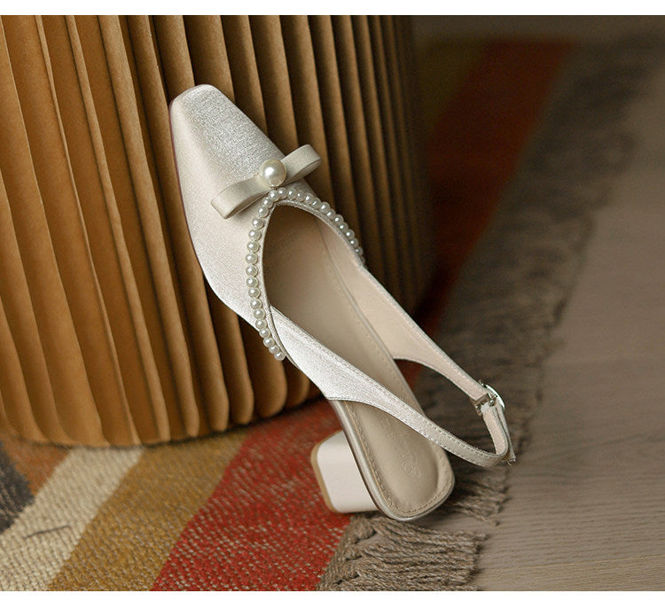 Women Block Heel Closed Toe Sandals, 2026 Summer New Fashion Square Toe Back Strap Pearl Fairy Style High Heel Pumps