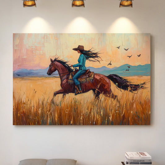 Balade de cowgirl dans les plaines au coucher du soleil