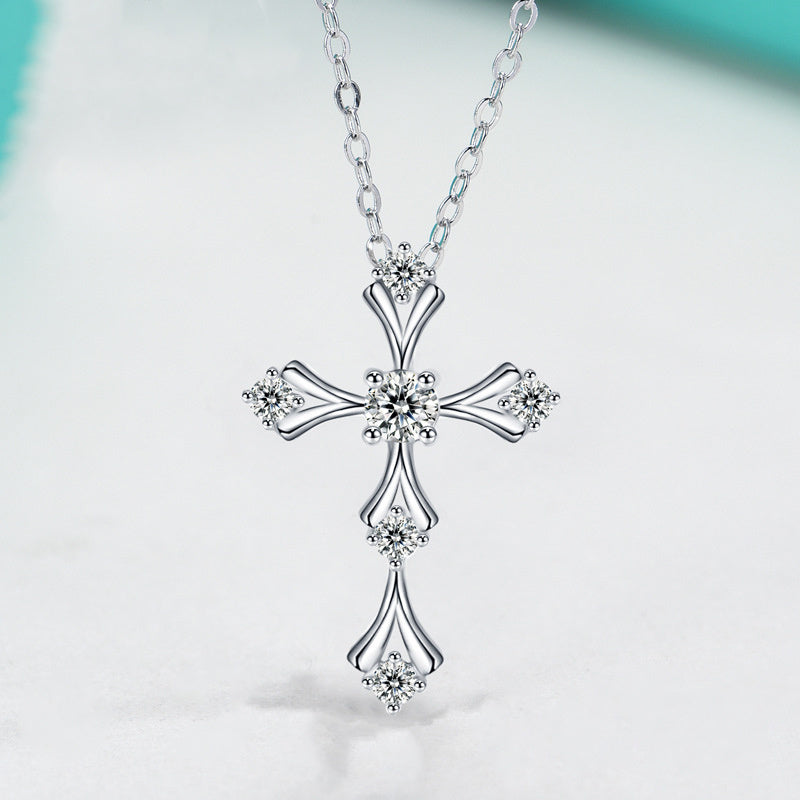 S925 Sterling Silver Moissanite Cross Necklace, 3.5mm D-VVS1 Pendant, Platinum Plated 40&45cm Chain, 1.7g GRA Certificate Gift Box