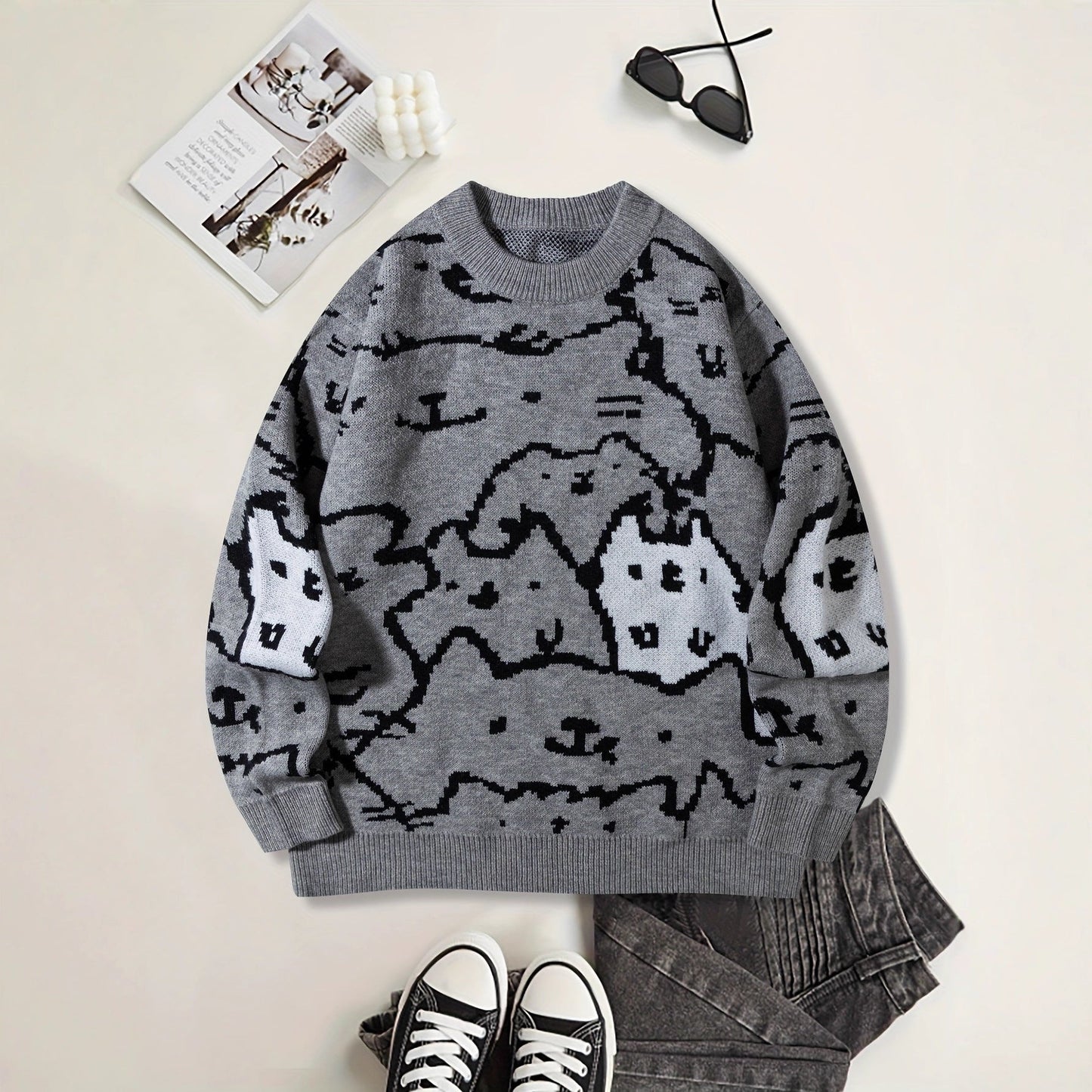 Mens Cute And Quirky Cat-print Knit Sweater
