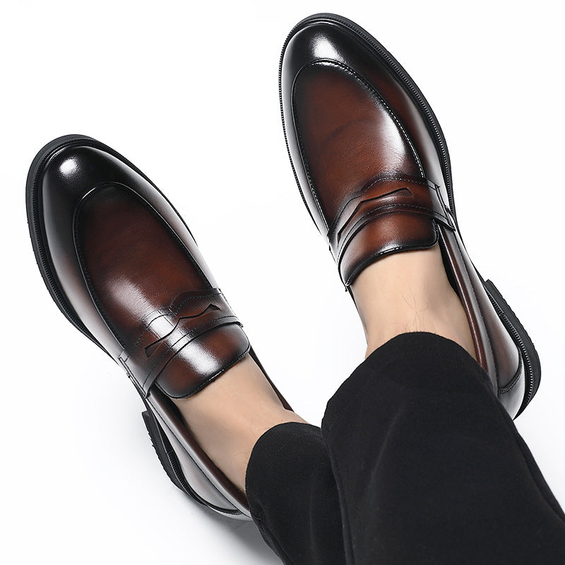 Cowhide Business Formal Wear Men's Slip-on Invisible Height Increasing Leather Shoes