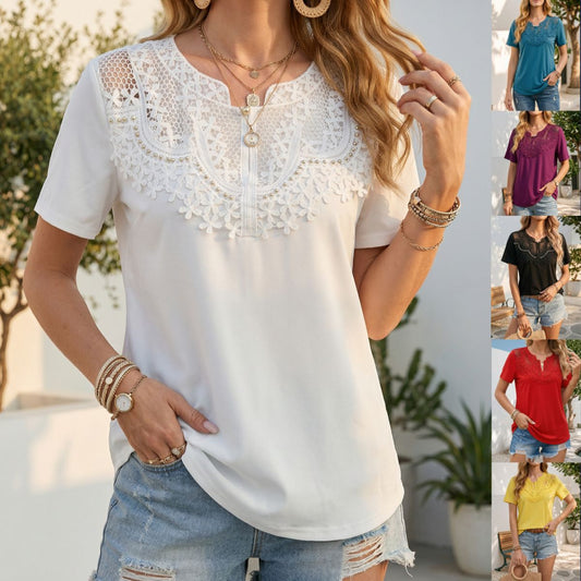 Women's Pearl-Trim Hollow-Out T-Shirt – Loose Fit, Short Sleeve, Casual Chic