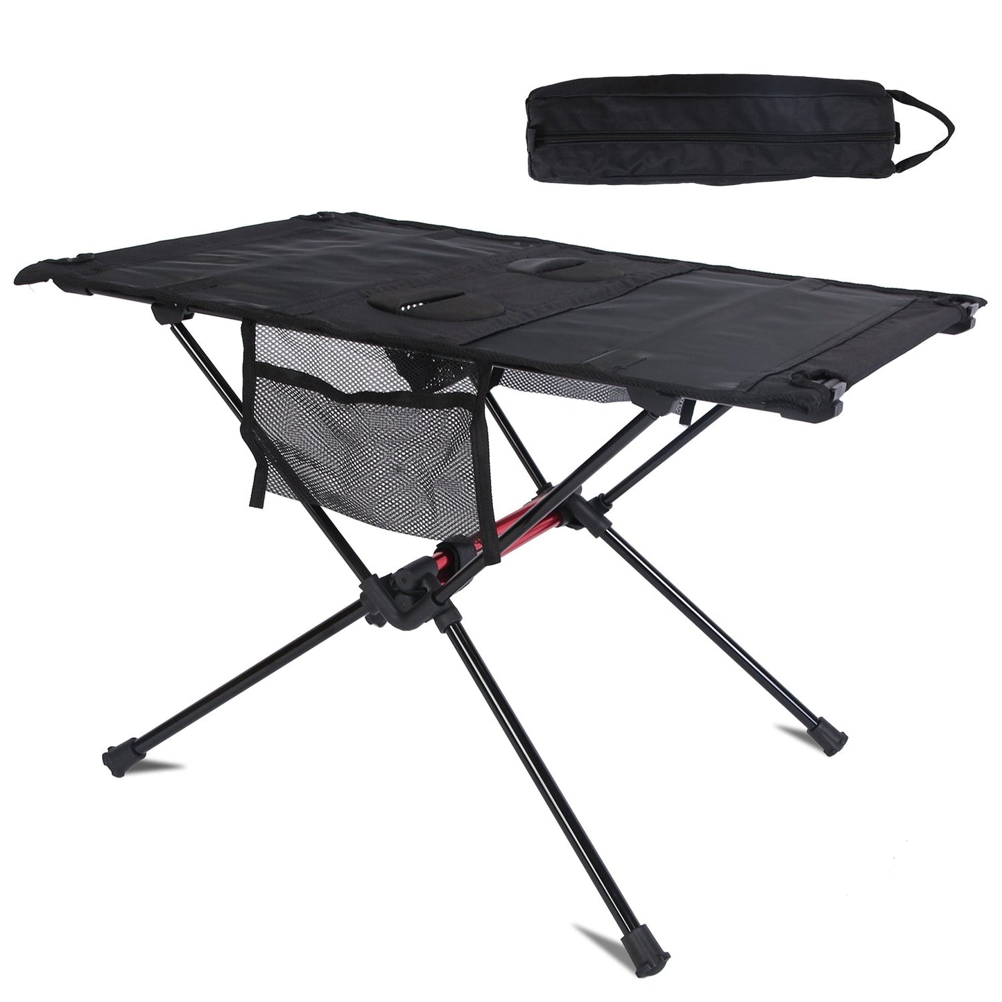 Table de camping pliable portable, table de plage pliable, cadre en alliage d'aluminium avec 2 porte-gobelets, 2 poches latérales, sac de transport pour pique-nique, camping, randonnée, plage, barbecue