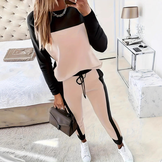 Women's Korean-Style Hoodie & Pants Two-Piece Set – Casual Patchwork