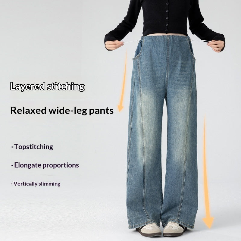 Retro Loose Straight-Leg High-Waist Floor-Length Wide-Leg Maternity Jeans