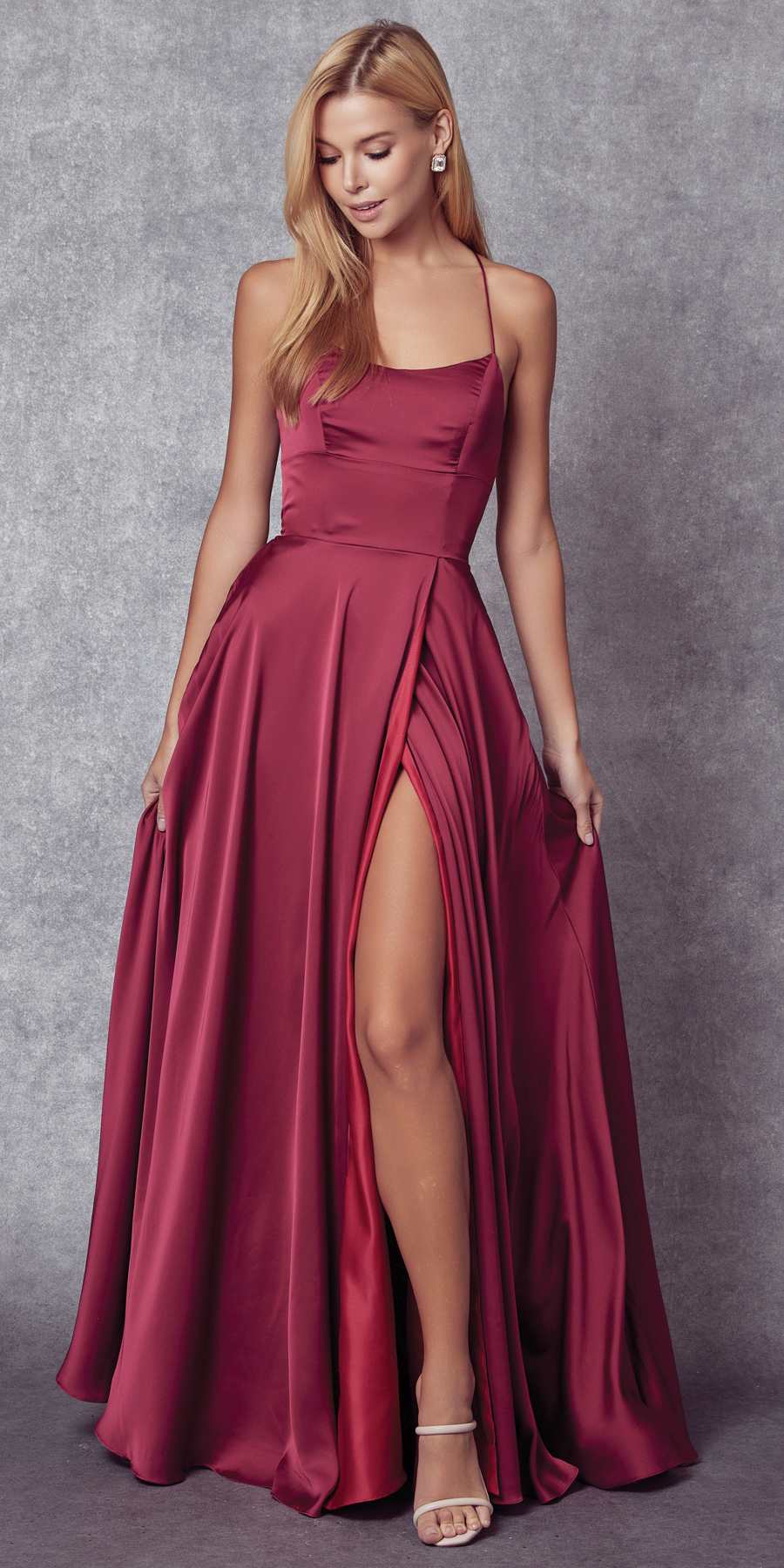 Juliet 278 Formal A-Line Satin Gown with Side Pockets