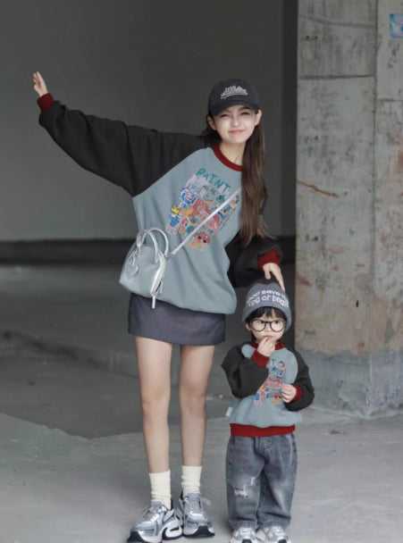 Color-block Raglan Hoodie For Parents And Kids Versatile And Easy To Style