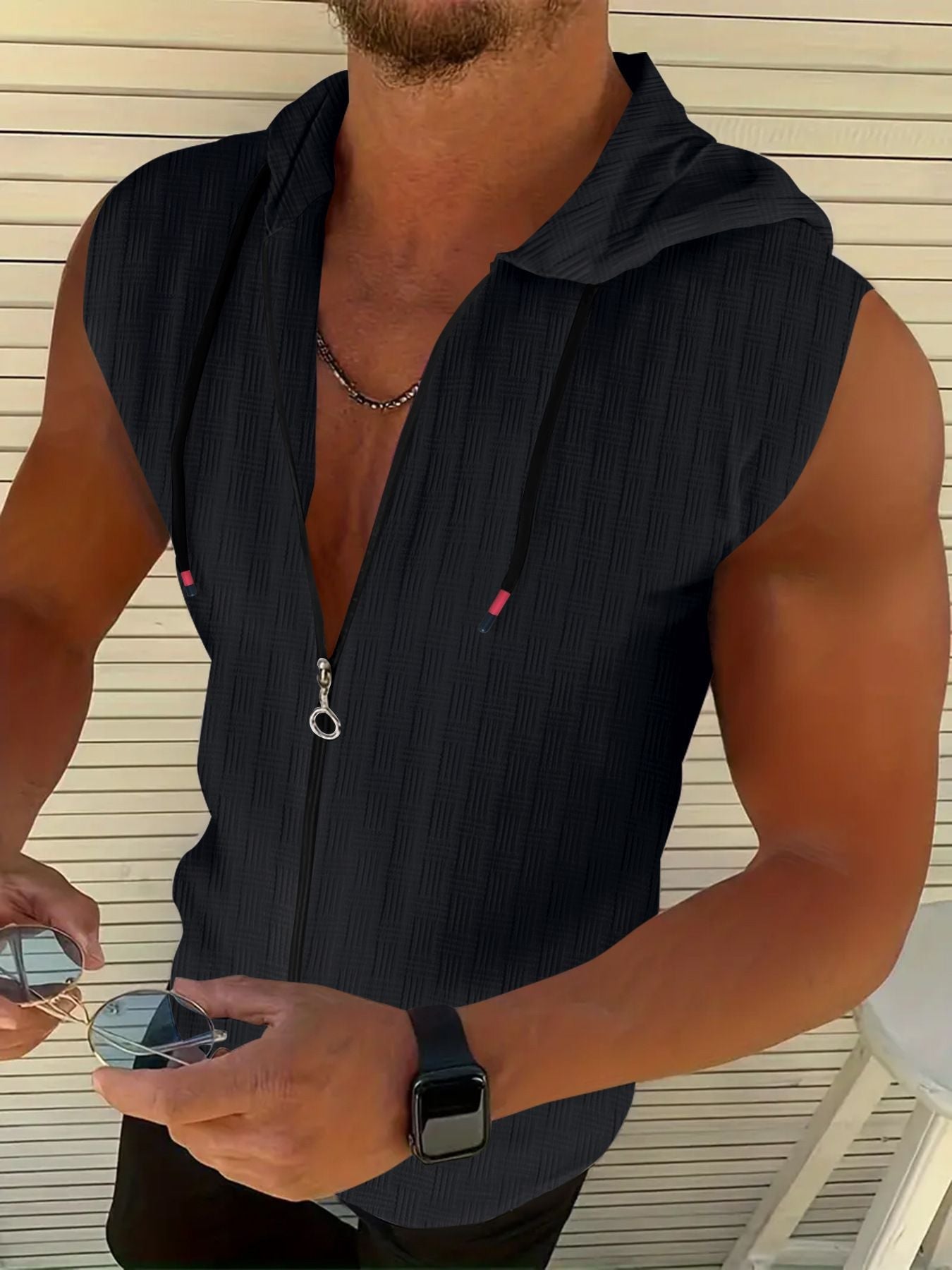 Mens Stylish Sleeveless Hooded Zip-up Cardigan