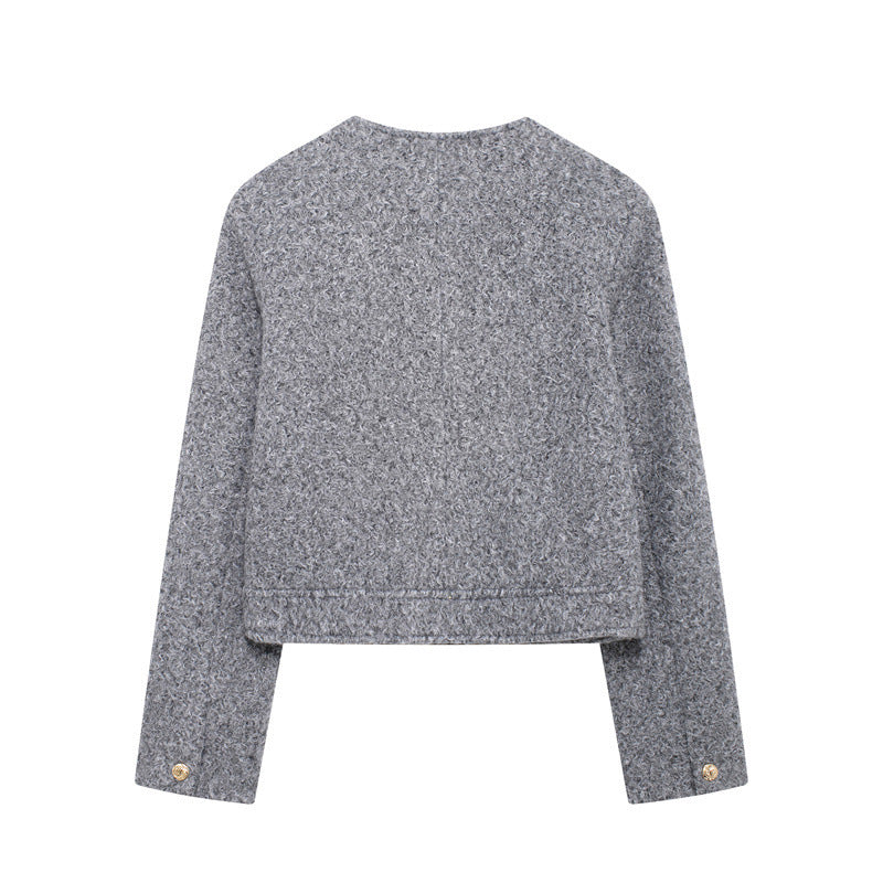 Fashionable Round-neck Pearl Leather Jacket Short-style Outerwear