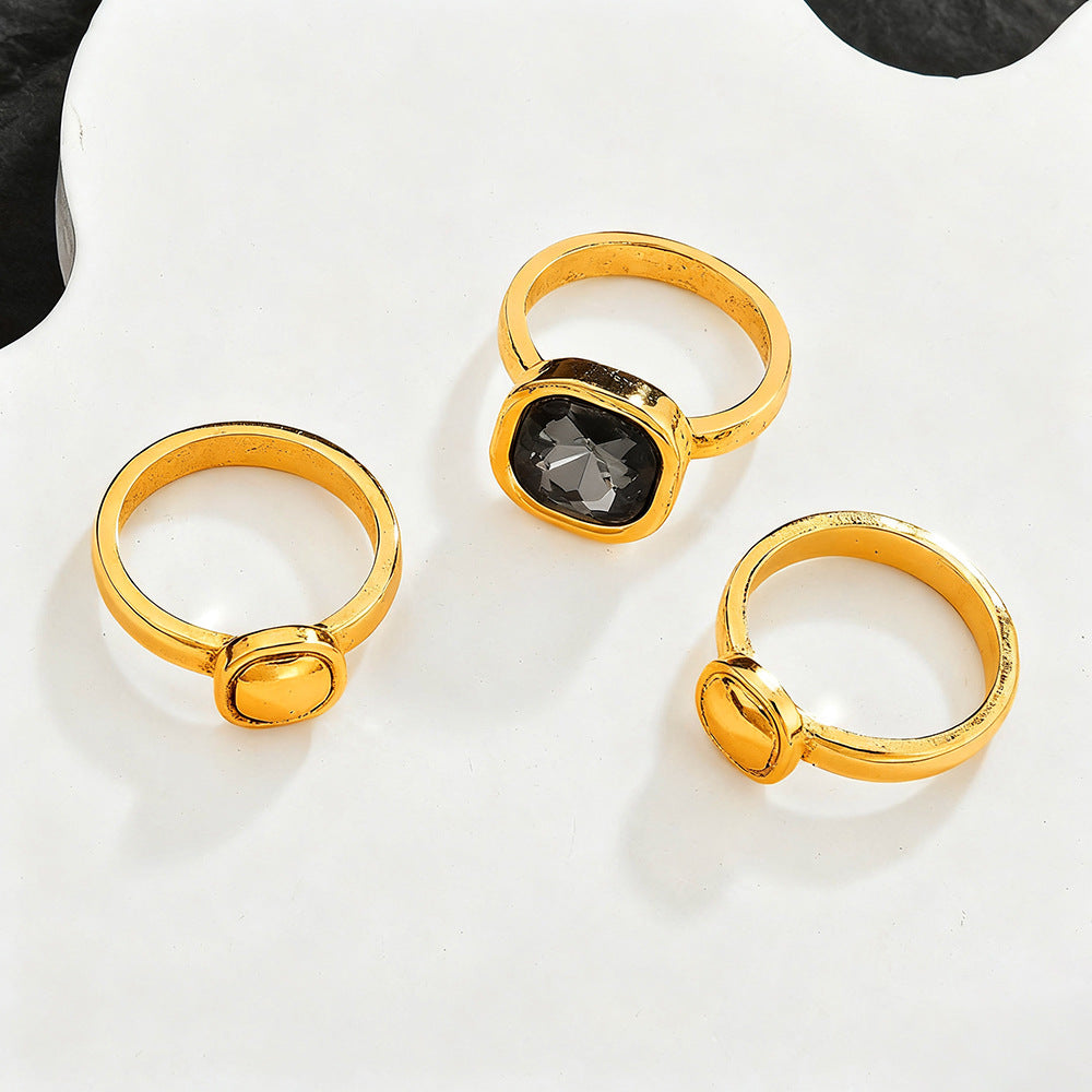 Hollow Geometric Black Crystal Jewelry Set For Women, Adjustable Bracelet Ring Earrings 3Pcs Matching Set, Minimal Cool Fashion Jewelry