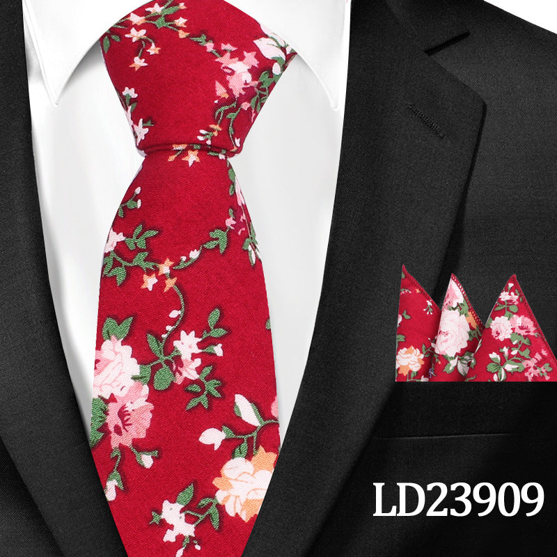 Casual Cotton Floral Print 6cm Casual Tie Pocket Square Suit