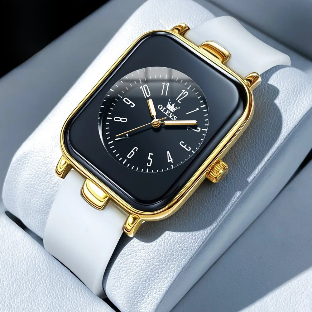 Damen Quarz-Armbanduhr, rechteckig, goldfarben, Silikonarmband