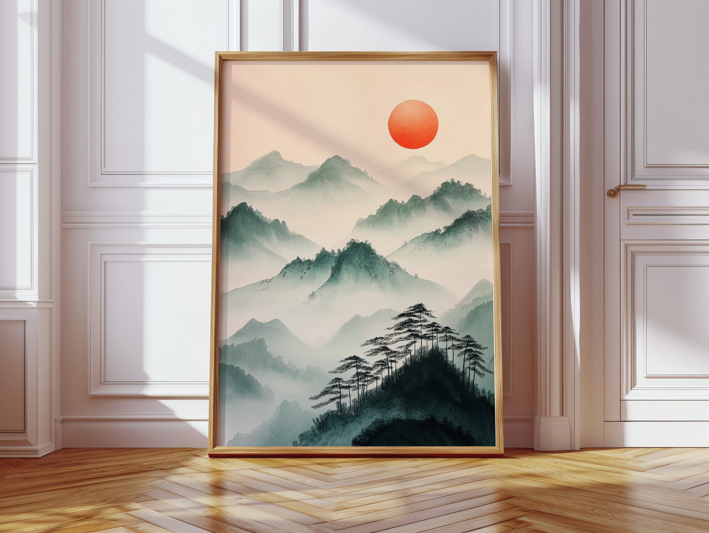 Nebelgebirgs-Sonnenaufgang – Ruhiger, asiatisch inspirierter Landschaftsdruck