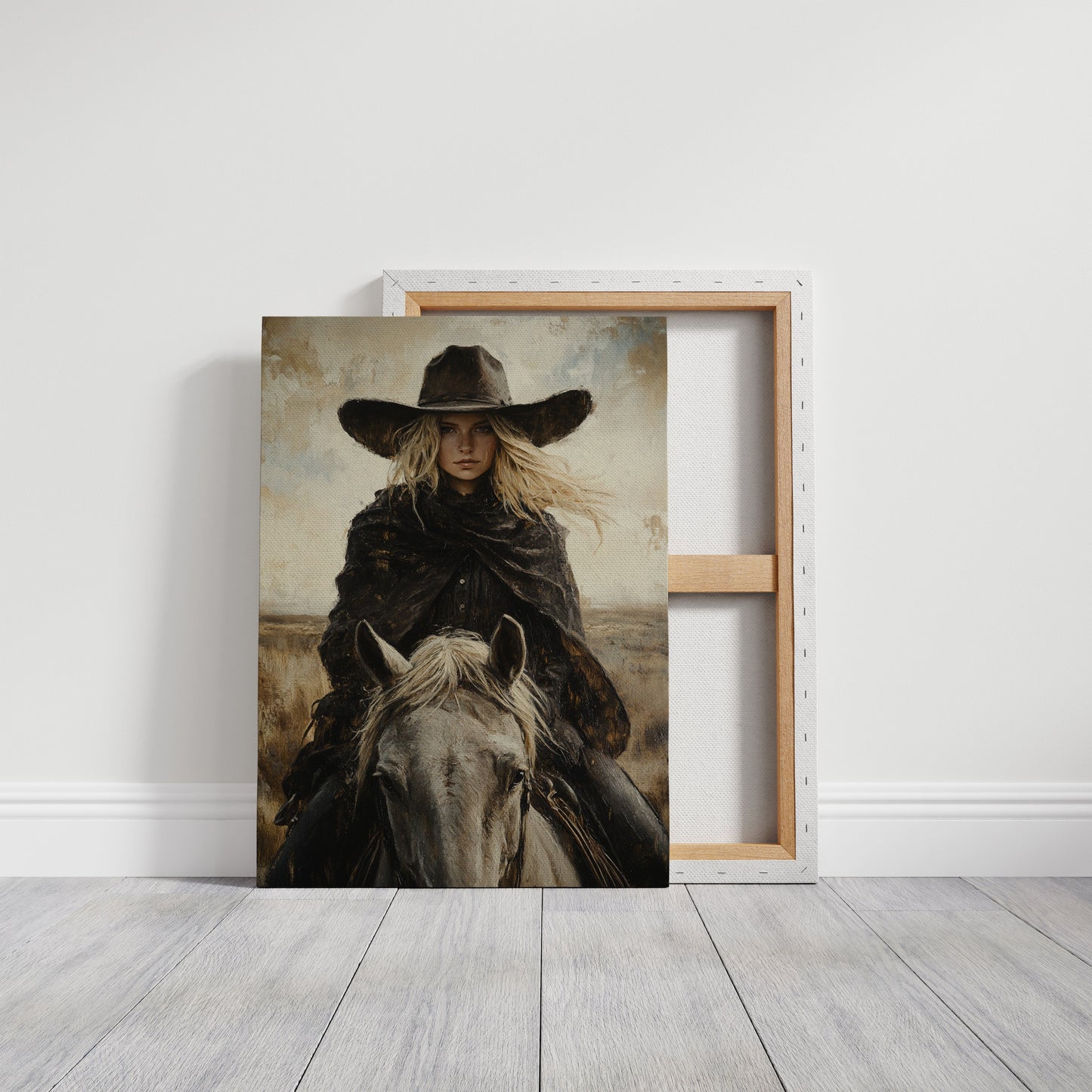 Reiter in Schwarz auf weißem Pferd