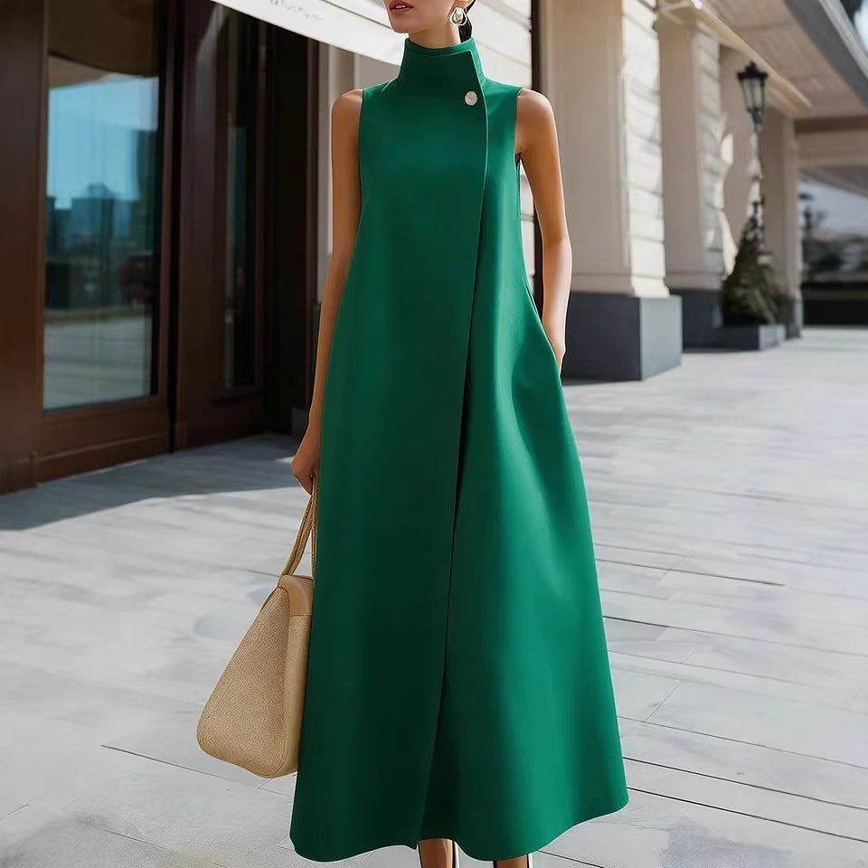 Elegant Sleeveless Long Dress – Stand Collar Office & Casual Dress