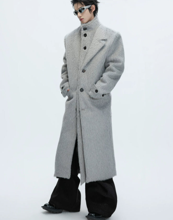 Short-pile Faux Two-piece Wool Coat Long Alpaca-blend Trench Coat