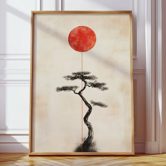 Minimalistischer Bonsai & aufgehende Sonne – Wandkunst im japanischen Zen-Stil