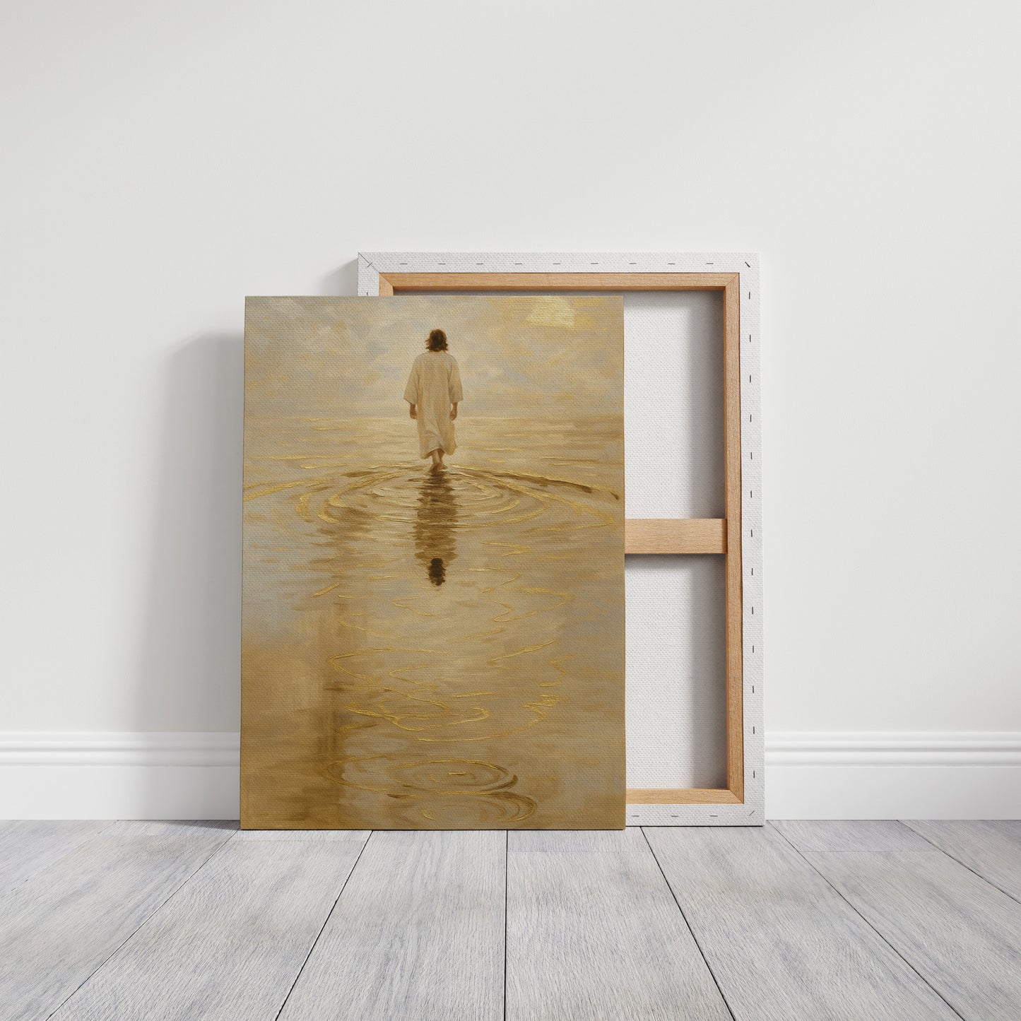 Goldenes Licht Jesus geht auf dem Wasser