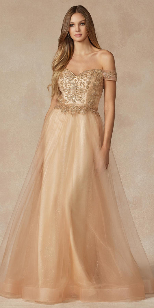Juliet 287 Long Off the Shoulder Beaded Top A-Line Prom Dress