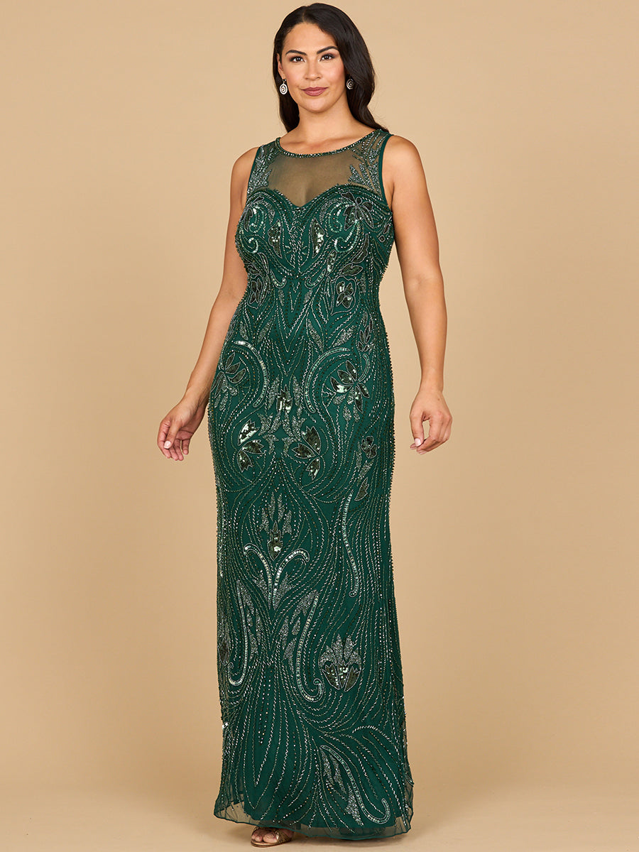 Perlenbesticktes Abendkleid mit hohem Ausschnitt