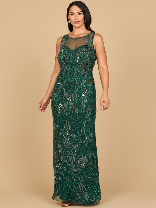Perlenbesticktes Abendkleid mit hohem Ausschnitt