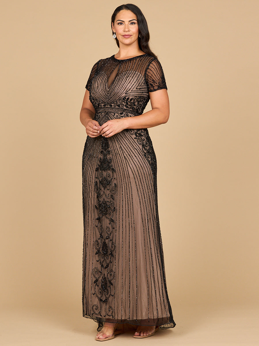 Perlenbesetzte Kappenärmel Illusion Plunge Abendkleid | Lara 28869