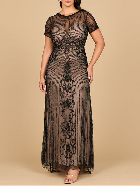 Perlenbesetzte Kappenärmel Illusion Plunge Abendkleid | Lara 28869