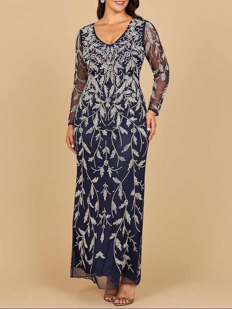 Lara 28870 – Langärmeliges Abendkleid mit kontrastierenden Perlenstickereien