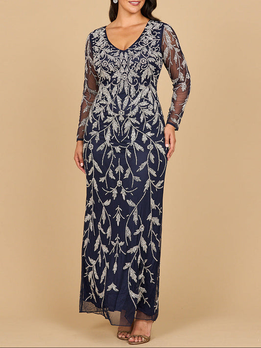 Lara 28870 – Langärmeliges Abendkleid mit kontrastierenden Perlenstickereien