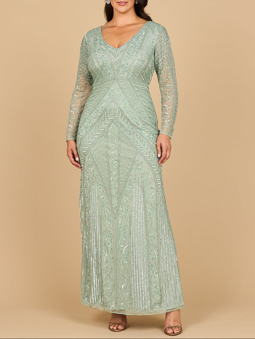 Lara 28875 – Langes, geometrisch besticktes Abendkleid mit langen Ärmeln