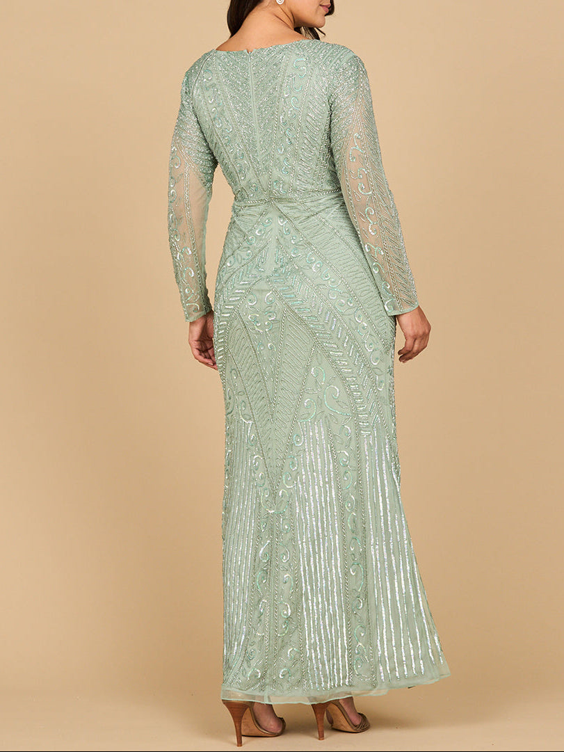 Lara 28875 – Langes, geometrisch besticktes Abendkleid mit langen Ärmeln