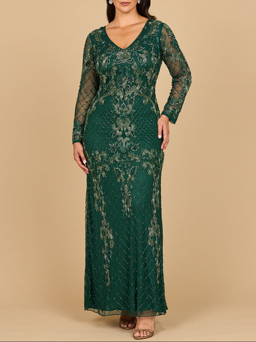 Lara 28877- Langärmeliges Abendkleid mit Kontrastperlen