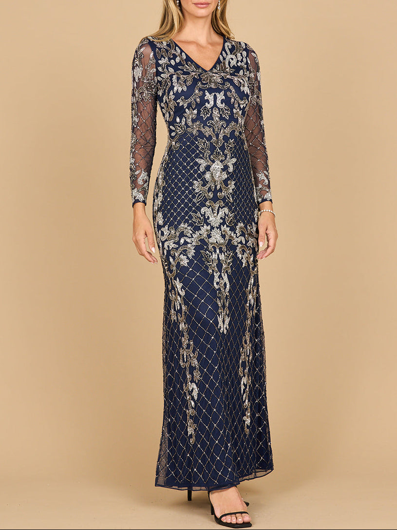 Lara 28877- Langärmeliges Abendkleid mit Kontrastperlen