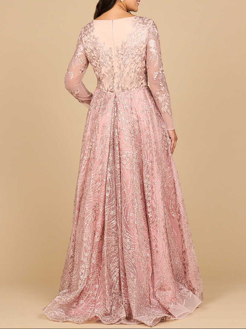 Robe longue à manches avec surjupe et décolleté illusion