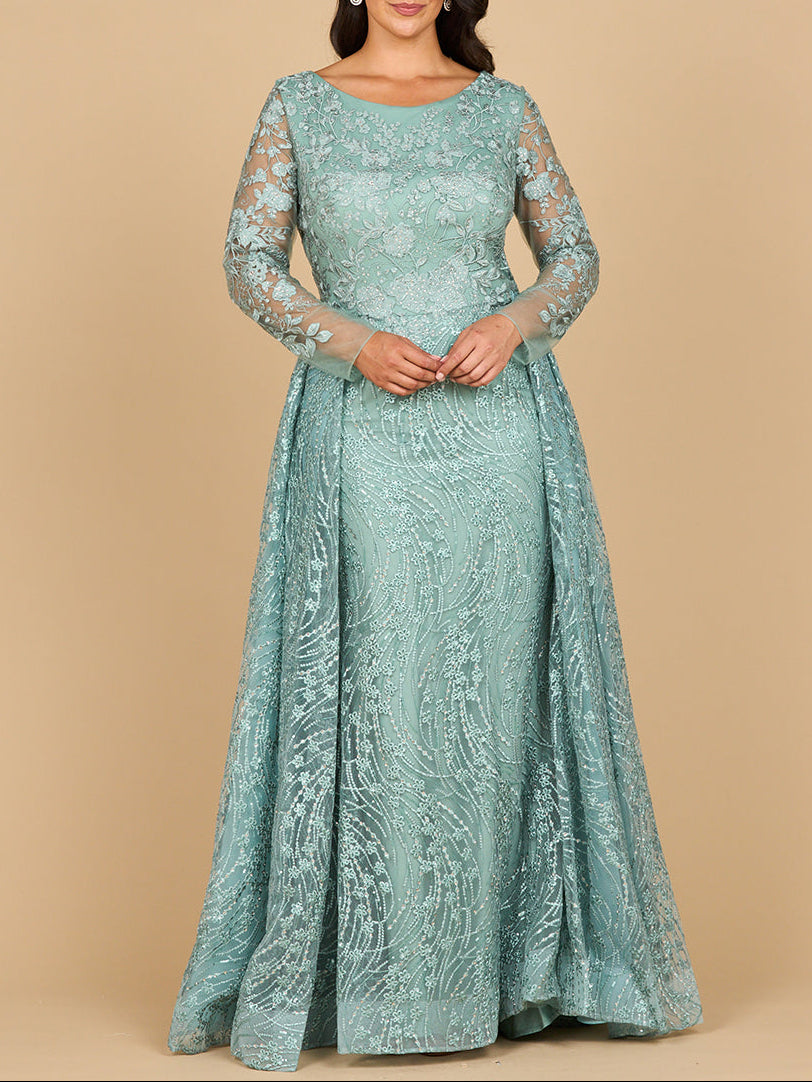 Robe longue à manches avec surjupe et décolleté illusion