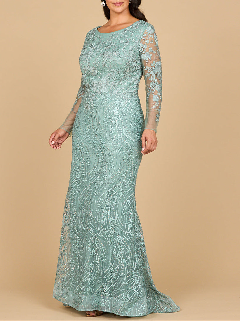 Robe longue à manches avec surjupe et décolleté illusion