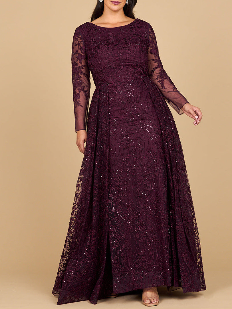 Robe longue à manches avec surjupe et décolleté illusion