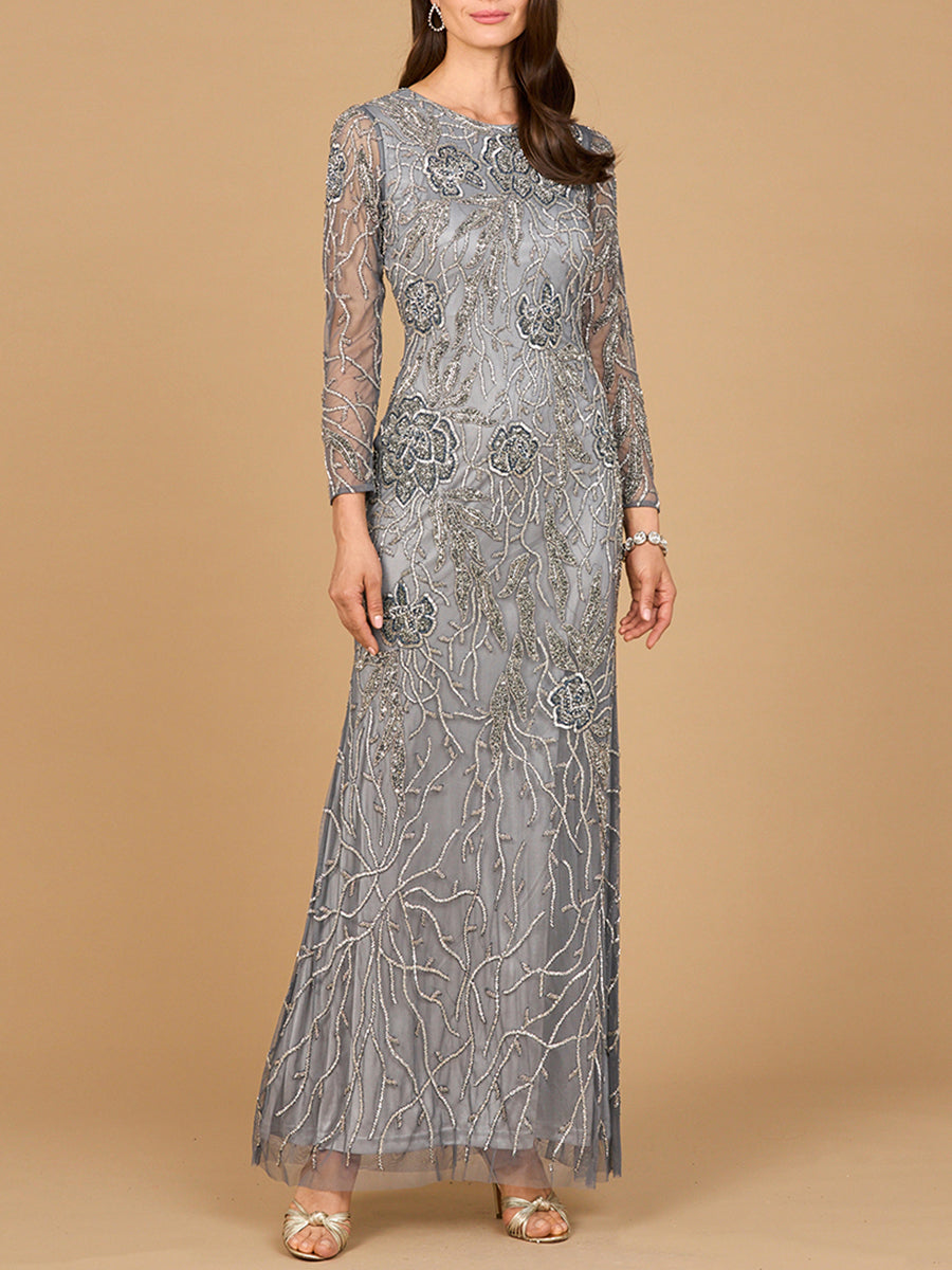 Hochgeschlossenes, langärmeliges, perlenbesetztes Kleid | 28889