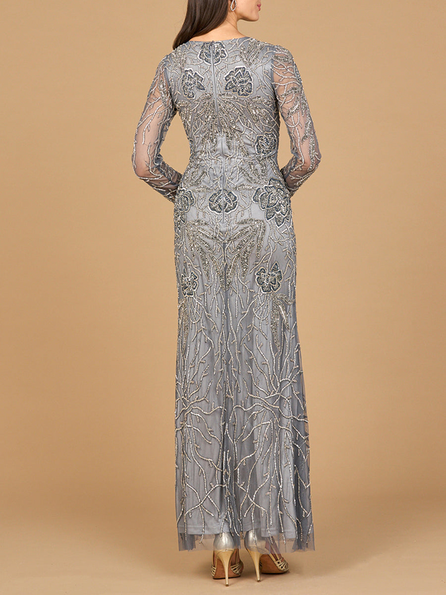 Hochgeschlossenes, langärmeliges, perlenbesetztes Kleid | 28889