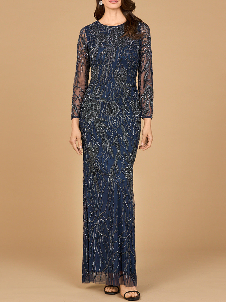Hochgeschlossenes, langärmeliges, perlenbesetztes Kleid | 28889